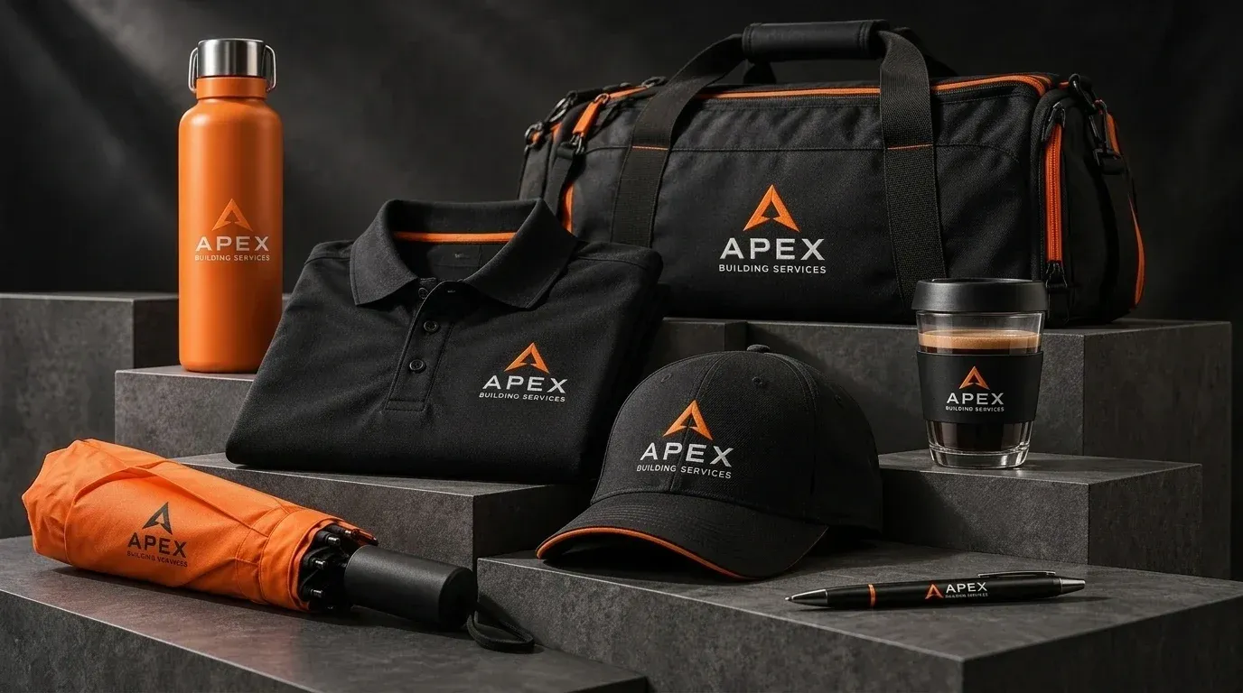 Coordinated APEX branded clothing, bags and drinkware
